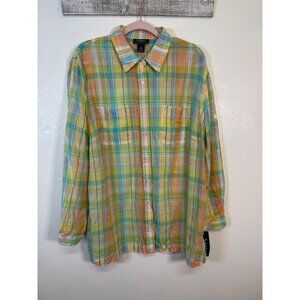 RALPH LAUREN Button Up Shirt Pastel Plaid Gauze Semi Sheer Roll Tab 2X